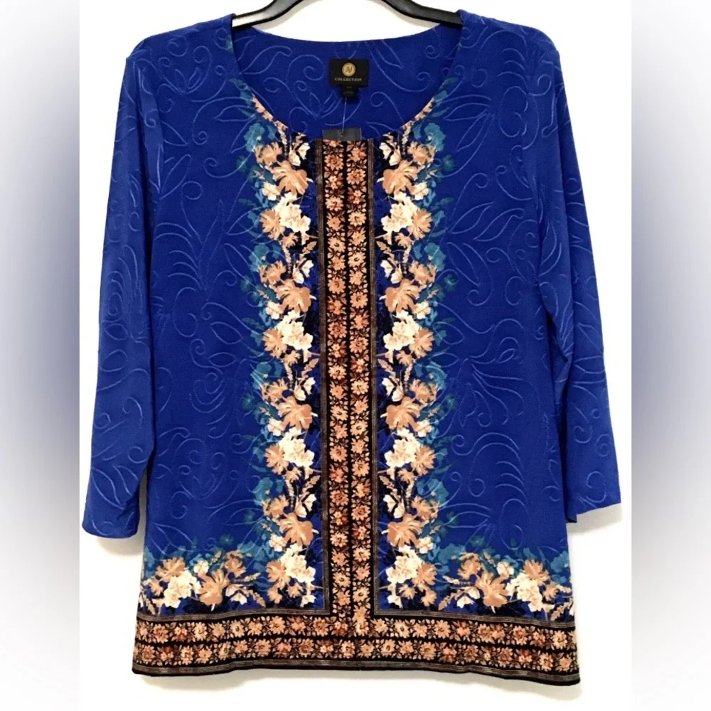 JM Collection Jacqaurd Petite PXL Lazulite Blue Combo 3/4 Sleeve Scoop Neck Top - Picture 6 of 7